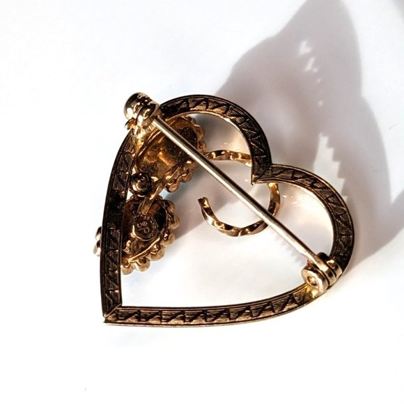 Vintage 1970s 14K GF Heart Brooch w Gemstone Scarab Beetles - Picture 2 of 3